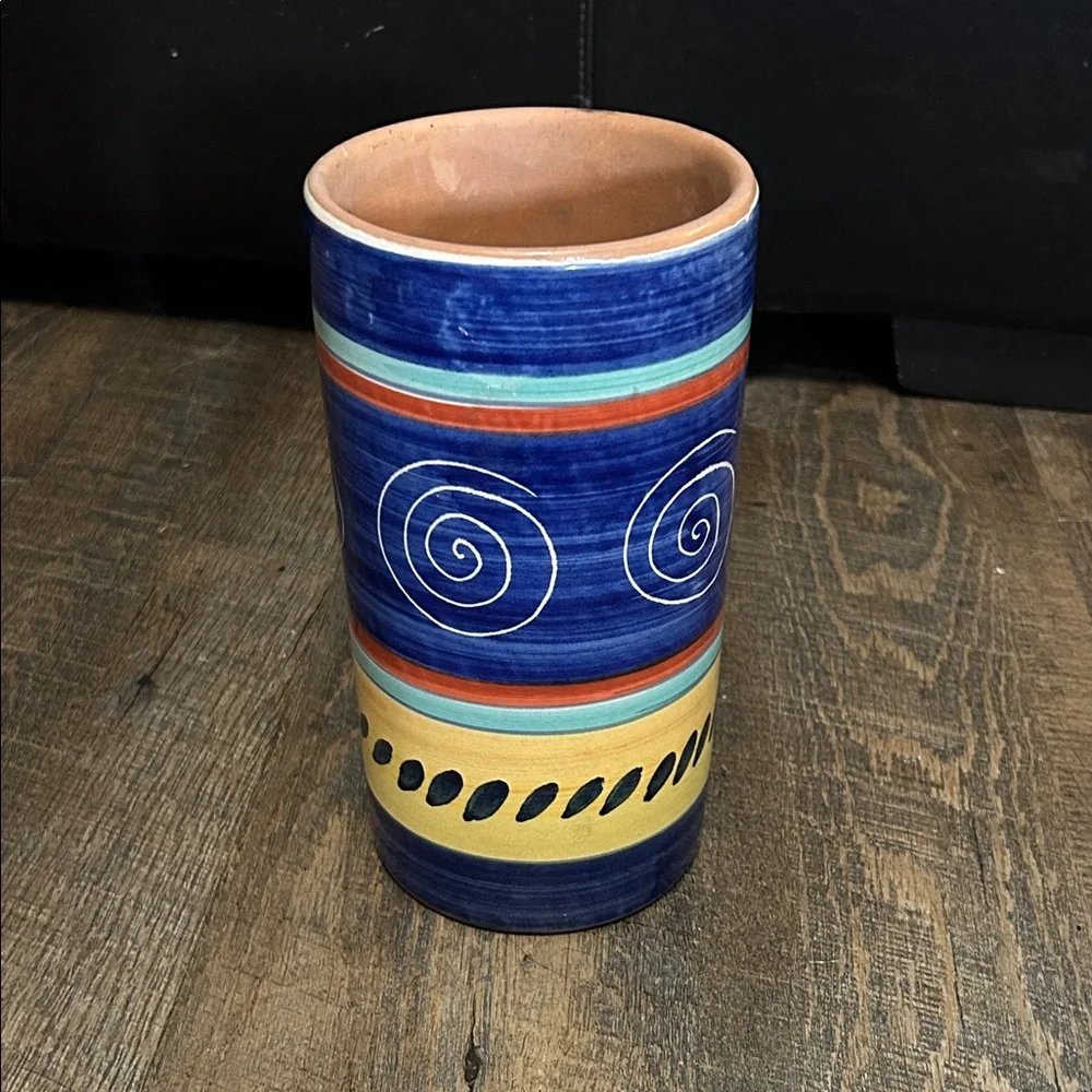 Pier 1 Italian Swirl Hand Painted Terracotta Utensil Holder / Wine‎ Chiller